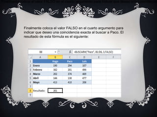 Finalmente coloca el valor FALSO en el cuarto argumento para indicar que deseo una coincidencia
Finalmente coloca el valor FALSO en el cuarto argumento para
indicar que deseo una coincidencia exacta al buscar a Paco. El
resultado de esta fórmula es el siguiente:
 