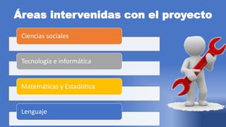 Áreas intervenidas con el proyecto
Ciencias sociales
Tecnología e informática
Matemáticas y Estadística
Lenguaje
 