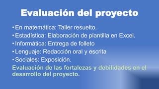 Evaluación del proyecto
• En matemática: Taller resuelto.
• Estadística: Elaboración de plantilla en Excel.
• Informática: Entrega de folleto
• Lenguaje: Redacción oral y escrita
• Sociales: Exposición.
Evaluación de las fortalezas y debilidades en el
desarrollo del proyecto.
 