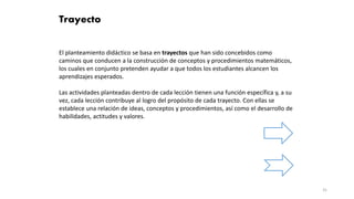 31
El planteamiento didáctico se basa en trayectos que han sido concebidos como
caminos que conducen a la construcción de conceptos y procedimientos matemáticos,
los cuales en conjunto pretenden ayudar a que todos los estudiantes alcancen los
aprendizajes esperados.
Las actividades planteadas dentro de cada lección tienen una función específica y, a su
vez, cada lección contribuye al logro del propósito de cada trayecto. Con ellas se
establece una relación de ideas, conceptos y procedimientos, así como el desarrollo de
habilidades, actitudes y valores.
Trayecto
 