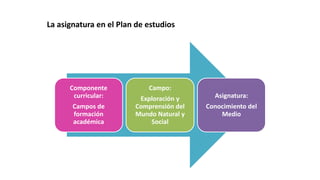 Componente
curricular:
Campos de
formación
académica
Campo:
Exploración y
Comprensión del
Mundo Natural y
Social
Asignatura:
Conocimiento del
Medio
La asignatura en el Plan de estudios
 