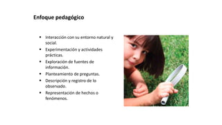  Interacción con su entorno natural y
social.
 Experimentación y actividades
prácticas.
 Exploración de fuentes de
información.
 Planteamiento de preguntas.
 Descripción y registro de lo
observado.
 Representación de hechos o
fenómenos.
Enfoque pedagógico
 