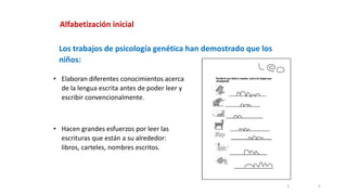 5
Alfabetización inicial
5
• Elaboran diferentes conocimientos acerca
de la lengua escrita antes de poder leer y
escribir convencionalmente.
Los trabajos de psicología genética han demostrado que los
niños:
• Hacen grandes esfuerzos por leer las
escrituras que están a su alrededor:
libros, carteles, nombres escritos.
 