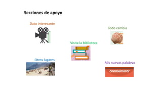 Secciones de apoyo
Otros lugares
Todo cambia
Dato interesante
Visita la biblioteca
Mis nuevas palabras
 