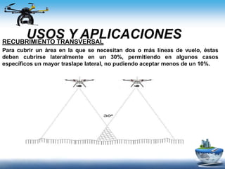 USOS Y APLICACIONESRECUBRIMIENTO TRANSVERSAL
Para cubrir un área en la que se necesitan dos o más líneas de vuelo, éstas
deben cubrirse lateralmente en un 30%, permitiendo en algunos casos
específicos un mayor traslape lateral, no pudiendo aceptar menos de un 10%.
 