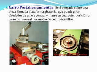  Carro Portaherramientas: Está apoyado sobre una
pieza llamada plataforma giratoria, que puede girar
alrededor de un eje central y fijarse en cualquier posición al
carro transversal por medio de cuatro tornillos.
 