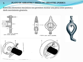 5. PLATO DE ARRASTRE Y BRIDA DE ARRASTRE (PERRO)
Estos dos elementos mecánicos nos permiten montar una pieza entre puntos y
darle movimiento giratorio.
 