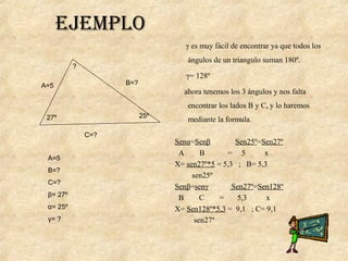 EjEmplo
A=5 B=?
C=?
27º 25º
?
γ es muy fácil de encontrar ya que todos los
ángulos de un triangulo suman 180º.
γ= 128º
ahora tenemos los 3 ángulos y nos falta
encontrar los lados B y C, y lo haremos
mediante la formula.
Senα=Senβ Sen25º=Sen27º
A B = 5 x
X= sen27º*5 = 5,3 ; B= 5,3
sen25º
Senβ=senγ Sen27º=Sen128º
B C = 5,3 x
X= Sen128º*5,3 = 9,1 ; C= 9,1
sen27º
A=5
B=?
C=?
β= 27º
α= 25º
γ= ?
 