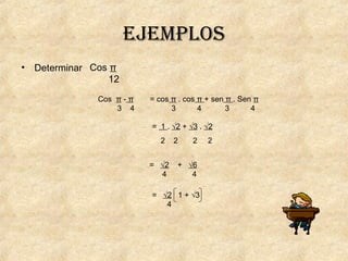 ejemplos
Cos π
12
• Determinar
Cos π - π
3 4
= 1 . √2 + √3 . √2
2 2 2 2
= √2 + √6
4 4
= √2 1 + √3
4
= cos π . cos π + sen π . Sen π
3 4 3 4
 