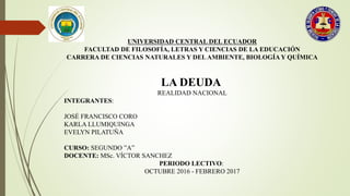 UNIVERSIDAD CENTRAL DEL ECUADOR
FACULTAD DE FILOSOFÍA, LETRAS Y CIENCIAS DE LA EDUCACIÓN
CARRERA DE CIENCIAS NATURALES Y DELAMBIENTE, BIOLOGÍAY QUÍMICA
LA DEUDA
REALIDAD NACIONAL
INTEGRANTES:
JOSÉ FRANCISCO CORO
KARLA LLUMIQUINGA
EVELYN PILATUÑA
CURSO: SEGUNDO ”A”
DOCENTE: MSc. VÍCTOR SANCHEZ
PERIODO LECTIVO:
OCTUBRE 2016 - FEBRERO 2017
 