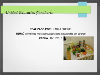 Unidad Educativa Yanahurco 
REALIZADO PORREALIZADO POR: KARLA FREIRE
TEMATEMA: Alimentos más adecuados para cada parte del cuerpo
FECHAFECHA :16/11/2015
 