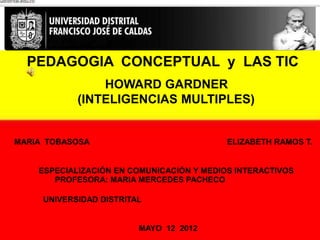 Howard Gardner

  PEDAGOGIA CONCEPTUAL y LAS TIC
                HOWARD GARDNER
            (INTELIGENCIAS MULTIPLES)


MARIA TOBASOSA                             ELIZABETH RAMOS T.


    ESPECIALIZACIÓN EN COMUNICACIÓN Y MEDIOS INTERACTIVOS
       PROFESORA: MARIA MERCEDES PACHECO

     UNIVERSIDAD DISTRITAL


                         MAYO 12 2012
 
