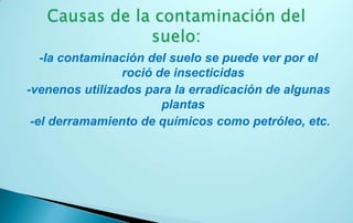 -la contaminación del suelo se puede ver por el
                roció de insecticidas
-venenos utilizados para la erradicación de algunas
                       plantas
 -el derramamiento de químicos como petróleo, etc.
 