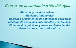 -Basuras y residuos urbanos
             -Residuos industriales
-Residuos provenientes de actividades agrícolas:
residuos de pesticidas, insecticidas y herbicidas.
 -Compuestos químicos y fusiones derivadas del
       hierro, cobre, cromo, entre otros.
 