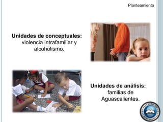 Planteamiento  Unidades de conceptuales: violencia intrafamiliar y alcoholismo.Unidades de análisis:  familias de Aguascalientes.