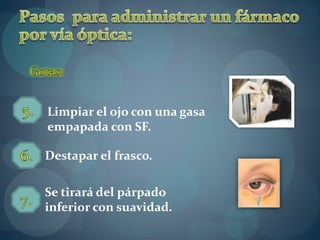 Limpiar el ojo con una gasa 
empapada con SF. 
Destapar el frasco. 
Se tirará del párpado 
inferior con suavidad. 
 