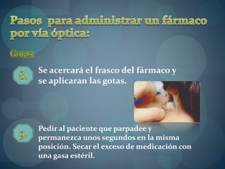 Se acercará el frasco del fármaco y 
se aplicaran las gotas. 
Pedir al paciente que parpadee y 
permanezca unos segundos en la misma 
posición. Secar el exceso de medicación con 
una gasa estéril. 
 