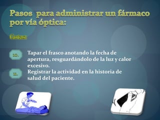 Tapar el frasco anotando la fecha de 
apertura, resguardándolo de la luz y calor 
excesivo. 
Registrar la actividad en la historia de 
salud del paciente. 
 