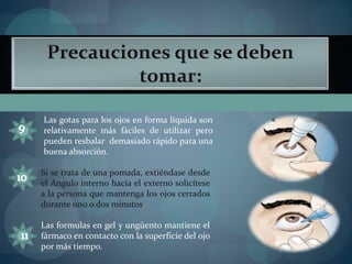 Las gotas para los ojos en forma líquida son 
relativamente más fáciles de utilizar pero 
pueden resbalar demasiado rápido para una 
buena absorción. 
Si se trata de una pomada, extiéndase desde 
el Angulo interno hacia el externo solicítese 
a la persona que mantenga los ojos cerrados 
durante uno o dos minutos. 
Las formulas en gel y ungüento mantiene el 
fármaco en contacto con la superficie del ojo 
por más tiempo. 
 