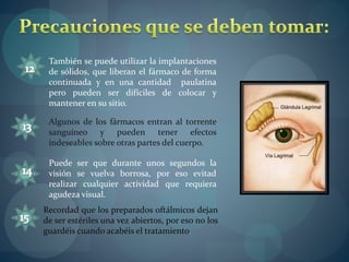 También se puede utilizar la implantaciones 
de sólidos, que liberan el fármaco de forma 
continuada y en una cantidad paulatina 
pero pueden ser difíciles de colocar y 
mantener en su sitio. 
Algunos de los fármacos entran al torrente 
sanguíneo y pueden tener efectos 
indeseables sobre otras partes del cuerpo. 
Puede ser que durante unos segundos la 
visión se vuelva borrosa, por eso evitad 
realizar cualquier actividad que requiera 
agudeza visual. 
Recordad que los preparados oftálmicos dejan 
de ser estériles una vez abiertos, por eso no los 
guardéis cuando acabéis el tratamiento. 
 