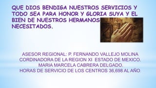 QUE DIOS BENDIGA NUESTROS SERVICIOS Y
TODO SEA PARA HONOR Y GLORIA SUYA Y EL
BIEN DE NUESTROS HERMANOS LOS MAS
NECESITADOS.
ASESOR REGIONAL: P. FERNANDO VALLEJO MOLINA
CORDINADORA DE LA REGION XI ESTADO DE MEXICO.
MARIA MARCELA CABRERA DELGADO.
HORAS DE SERVICIO DE LOS CENTROS 36,698 AL AÑO.
 