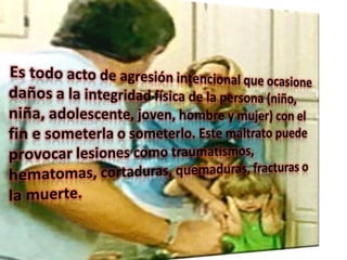 Violencia psicológicaSe ejercer en todos los ámbitos de      relacionamiento humano. •   Se trata de cualquier acción, comportamiento u omisión intencionado que produce sufrimiento y pretende ser una medida de control que amenaza la integridad o el desarrollo de la persona.