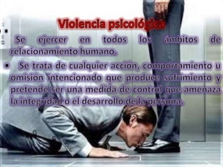 Se expresan a través de prohibiciones, coacciones, condicionamientos, intimidaciones, amenazas, actitudes devaluatorias y de abandono, insultos, burlas, silencio y gestos agresivos. Las agresiones de este tipo tienden a humillar, ofender, asustar a las persona y tienen graves repercusiones en la autoestima, seguridad y estabilidad emocional.