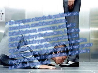 Violencia sexualVIOLENCIA SEXUAL•Este tipo de violencia se manifiesta cuando se subordina a personas con menor poder, obligándola a satisfacer los deseos sexuales del abusador (normalmente hombre). Se manifiesta con el abuso y acoso sexual que se dirige a niñas, niños, mujeres, hombres jóvenes y adultos. Los abusos sexuales a menores muchas veces son realizados por parientes y familiares cercanos, dentro de este parámetro el incesto es uno de los grandes problemas.