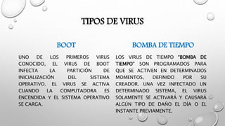 TIPOS DE VIRUS
BOOT
UNO DE LOS PRIMEROS VIRUS
CONOCIDO, EL VIRUS DE BOOT
INFECTA LA PARTICIÓN DE
INICIALIZACIÓN DEL SISTEMA
OPERATIVO. EL VIRUS SE ACTIVA
CUANDO LA COMPUTADORA ES
ENCENDIDA Y EL SISTEMA OPERATIVO
SE CARGA.
BOMBA DE TIEMPO
LOS VIRUS DE TIEMPO “BOMBA DE
TIEMPO” SON PROGRAMADOS PARA
QUE SE ACTIVEN EN DETERMINADOS
MOMENTOS, DEFINIDO POR SU
CREADOR. UNA VEZ INFECTADO UN
DETERMINADO SISTEMA, EL VIRUS
SOLAMENTE SE ACTIVARÁ Y CAUSARÁ
ALGÚN TIPO DE DAÑO EL DÍA O EL
INSTANTE PREVIAMENTE.
 