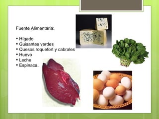 Fuente Alimentaria:

 Hígado
 Guisantes verdes
 Quesos roquefort y cabrales
 Huevo
 Leche
 Espinaca.
 