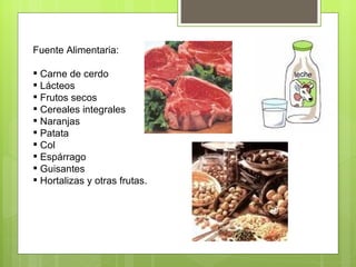 Fuente Alimentaria:

 Carne de cerdo
 Lácteos
 Frutos secos
 Cereales integrales
 Naranjas
 Patata
 Col
 Espárrago
 Guisantes
 Hortalizas y otras frutas.
 