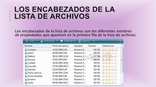 LOS ENCABEZADOS DE LA
LISTA DE ARCHIVOS
Los encabezados de la lista de archivos son los diferentes nombres
de propiedades que aparecen en la primera fila de la lista de archivos.
 