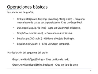 Operaciones básicas
Instanciación de grafos:

     
         DEX.create(java.io.File img, java.lang.String alias) – Crea una
         nueva base de datos vacía persistente. Crea un GraphPool.
     
         DEX.open(java.io.File img) - Abre un GraphPool existente.
     
         GraphPool.newSession( ) - Crea una nueva sesión.
     
         Session.getDbGraph( ) - Obtiene el objeto DbGraph.
     
         Session.newGraph( ) - Crea un Graph temporal.


Manipulación del esquema del grafo:

    Graph.newNodeType(String) – Crea un tipo de nodo

    Graph.newEdgeType(String,boolean) – Crea un tipo de arco

                                                                           18
 