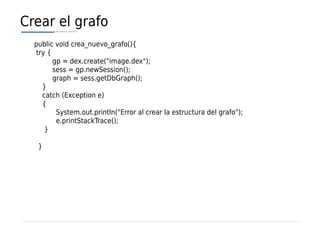 Crear el grafo
  public void crea_nuevo_grafo(){
   try {
         gp = dex.create("image.dex");
         sess = gp.newSession();
         graph = sess.getDbGraph();
     }
     catch (Exception e)
     {
          System.out.println("Error al crear la estructura del grafo");
          e.printStackTrace();
      }

   }
 