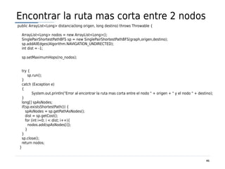 Encontrar la ruta mas corta entre 2 nodos
public ArrayList<Long> distancia(long origen, long destino) throws Throwable {

     ArrayList<Long> nodos = new ArrayList<Long>();
     SinglePairShortestPathBFS sp = new SinglePairShortestPathBFS(graph,origen,destino);
     sp.addAllEdges(Algorithm.NAVIGATION_UNDIRECTED);
     int dist = -1;

     sp.setMaximumHops(no_nodos);


     try {
          sp.run();
     }
     catch (Exception e)
     {
             System.out.println("Error al encontrar la ruta mas corta entre el nodo " + origen + " y el nodo " + destino);
     }
     long[] spAsNodes;
     if(sp.existsShortestPath()) {
        spAsNodes = sp.getPathAsNodes();
        dist = sp.getCost();
        for (int i=0; i < dist; i++){
          nodos.add(spAsNodes[i]);
        }
     }
     sp.close();
     return nodos;
 }


                                                                                                                     41
 