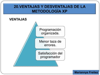 20.VENTAJAS Y DESVENTAJAS DE LA
METODOLOGÍA XP
Mariannys Freitez
VENTAJAS
Programación
organizada.
Menor taza de
errores.
Satisfacción del
programador
 