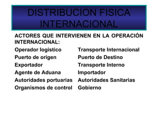 ACTORES QUE INTERVIENEN EN LA OPERACIÓN
INTERNACIONAL:
Operador logistico Transporte Internacional
Puerto de origen Puerto de Destino
Exportador Transporte Interno
Agente de Aduana Importador
Autoridades portuarias Autoridades Sanitarias
Organismos de control Gobierno
DISTRIBUCION FISICA
INTERNACIONAL
