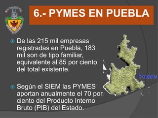 6.- PYMES EN PUEBLA

   De las 215 mil empresas
    registradas en Puebla, 183
    mil son de tipo familiar,
    equivalente al 85 por ciento
    del total existente.

   Según el SIEM las PYMES
    aportan anualmente el 70 por
    ciento del Producto Interno
    Bruto (PIB) del Estado.
 