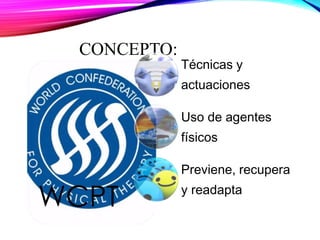 CONCEPTO:
WCPT
Técnicas y
actuaciones
Uso de agentes
físicos
Previene, recupera
y readapta
 