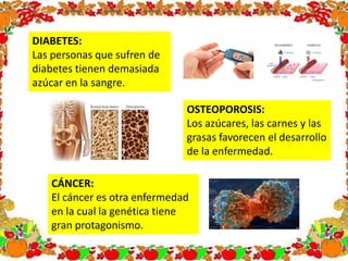 DIABETES:
Las personas que sufren de
diabetes tienen demasiada
azúcar en la sangre.
OSTEOPOROSIS:
Los azúcares, las carnes y las
grasas favorecen el desarrollo
de la enfermedad.
CÁNCER:
El cáncer es otra enfermedad
en la cual la genética tiene
gran protagonismo.
 