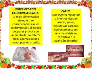 ENFERMEDADES
CARDIOVASCULARES:
La mala alimentación
siempre trae
consecuencias a nivel
cardiovascular. El exceso
de grasas provoca un
aumento del colesterol
malo, además de una
mayor presión arterial.
CARIES:
Una ingesta regular de
alimentos ricos en
azúcar, grasas,
hidratos de carbono,
conjuntamente con
una mala higiene,
constituyen la
aparición de caries.
 