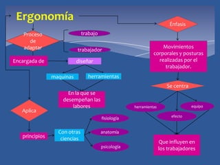 Énfasis
Movimientos
corporales y posturas
realizadas por el
trabajador.
Se centra
herramientas
efecto
equipo
Que influyen en
los trabajadores
Aplica
principios
Con otras
ciencias
fisiología
anatomía
psicología
Ergonomía
Proceso
de
adaptar
Encargada de
trabajo
trabajador
diseñar
maquinas herramientas
En la que se
desempeñan las
labores
 