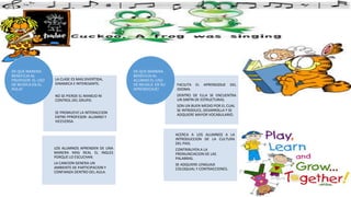 LA CLASE ES MAS DIVERTIDA, 
DINAMICA E INTERESANTE. 
NO SE PIERDE EL MANEJO NI 
CONTROL DEL GRUPO. 
SE PROMUEVE LA INTERACCION 
ENTRE PPROFESOR- ALUMNO Y 
VICEVERSA. 
LOS ALUMNOS APRENDEN DE UNA 
MANERA MAS REAL EL INGLES 
PORQUE LO ESCUCHAN. 
LA CANCION GENERA UN 
AMBIENTE DE PARTICIPACION Y 
CONFIANZA DENTRO DEL AULA. 
DE QUE MANERA 
BENEFICIA AL 
PROFESOR EL USO 
DE MUSICA EN EL 
AULA? 
FACILITA EL APRENDIZAJE DEL 
IDIOMA. 
DENTRO DE ELLA SE ENCUENTRA 
UN SINFÍN DE ESTRUCTURAS. 
SON UN BUEN MEDIO POR EL CUAL 
SE INTRODUCE, DESARROLLA Y SE 
ADQUIERE MAYOR VOCABULARIO. 
ACERCA A LOS ALUMNOS A LA 
INTRODUCCION DE LA CULTURA 
DEL PAIS. 
CONTRIBUYEN A LA 
PRONUNCIACION DE LAS 
PALABRAS. 
SE ADQUIERE LENGUAJE 
COLOQUIAL Y CONTRACCIONES. 
DE QUE MANERA 
BENEFICIA AL 
ALUMNO EL USO 
DE MUSICA EN SU 
APRENDIZAJE? 
 