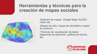 Herramientas y técnicas para la
creación de mapas sociales
•Software de mapeo: Google Maps, ArcGIS,
Carto, etc.
•Mapas de calor, mapas de densidad y mapas
de contorno.
•Técnicas de visualización de datos:
diagramas de dispersión, gráficos de barras,
etc.
 