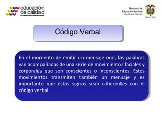 Código Verbal


En el momento de emitir un mensaje oral, las palabras
van acompañadas de una serie de movimientos faciales y
corporales que son conscientes o inconscientes. Estos
movimientos transmiten también un mensaje y es
importante que estos signos sean coherentes con el
código verbal.
 