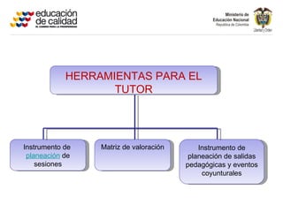 HERRAMIENTAS PARA EL
                   TUTOR




Instrumento de   Matriz de valoración       Instrumento de
 planeación de                           planeación de salidas
    sesiones                            pedagógicas y eventos
                                             coyunturales
 