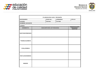 PLANEACIÓN GUÍA / REVISIÓN

ESCENARIO:             GUÍA No.:    JORNADA:    CICLO:

CIUDAD:                FECHA:       TUTOR:
NOMBRE DOCENTE


LOGRO:
                                               OBSERVACIÓN
   MOMENTO       DESCRIPCIÓN ACTIVIDADES         DOCENTE
                                                 GESTOR



SINTONICÈMONOS




TRABAJAJEMOS




  EVALÙEMOS




REFLEXIONEMOS




    MISIÓN
 