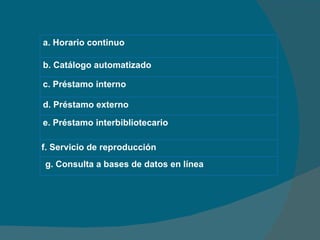 a. Horario continuo b. Catálogo automatizado c. Préstamo interno d. Préstamo externo e. Préstamo interbibliotecario f. Servicio de reproducción g. Consulta a bases de datos en línea 