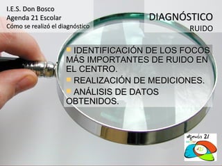 I.E.S. Don Bosco
Agenda 21 Escolar                    DIAGNÓSTICO
Cómo se realizó el diagnóstico               RUIDO

                      IDENTIFICACIÓN DE LOS FOCOS
                     MÁS IMPORTANTES DE RUIDO EN
                     EL CENTRO.
                      REALIZACIÓN DE MEDICIONES.
                      ANÁLISIS DE DATOS
                     OBTENIDOS.
 