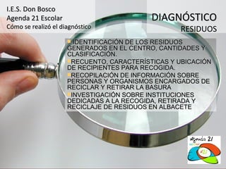 I.E.S. Don Bosco
Agenda 21 Escolar                          DIAGNÓSTICO
Cómo se realizó el diagnóstico                    RESIDUOS
                      IDENTIFICACIÓN DE LOS RESIDUOS
                     GENERADOS EN EL CENTRO, CANTIDADES Y
                     CLASIFICACIÓN.
                     RECUENTO, CARACTERÍSTICAS Y UBICACIÓN
                     DE RECIPIENTES PARA RECOGIDA.
                     RECOPILACIÓN DE INFORMACIÓN SOBRE
                     PERSONAS Y ORGANISMOS ENCARGADOS DE
                     RECICLAR Y RETIRAR LA BASURA
                     INVESTIGACIÓN SOBRE INSTITUCIONES
                     DEDICADAS A LA RECOGIDA, RETIRADA Y
                     RECICLAJE DE RESIDUOS EN ALBACETE
 